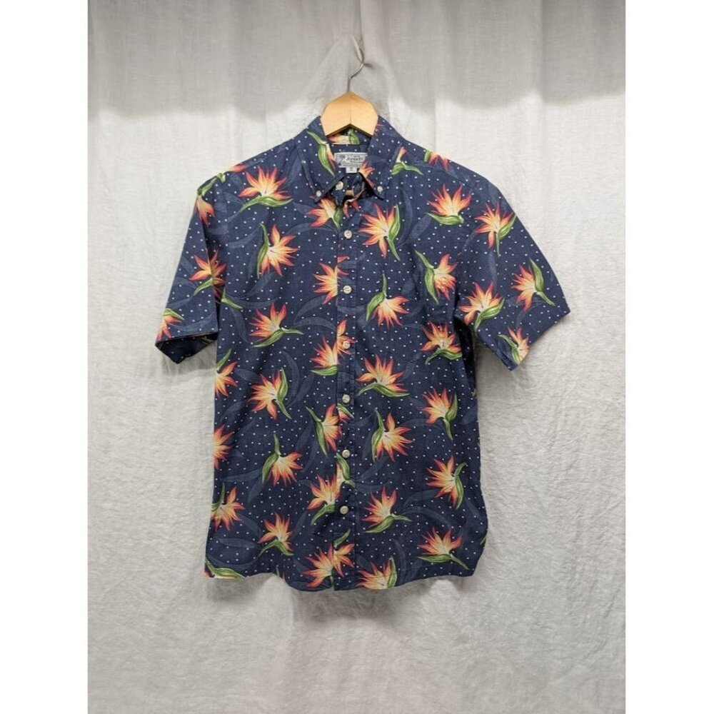 Original Avanti sz small bird of paradise navy blue polka dot Hawaiian shirt O9